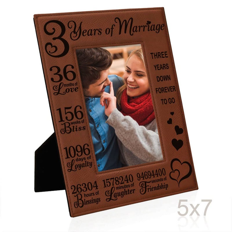 KATE POSH 3rd Anniversary Engraved Rawhide Leather Picture Frame (5x7 Vertical) - Image 4